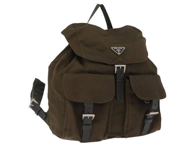 PRADA Backpack Nylon Khaki Silver Auth 168394 Silvery