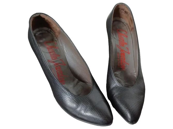 Charles Jourdan Black Leather Snake Effect Pumps