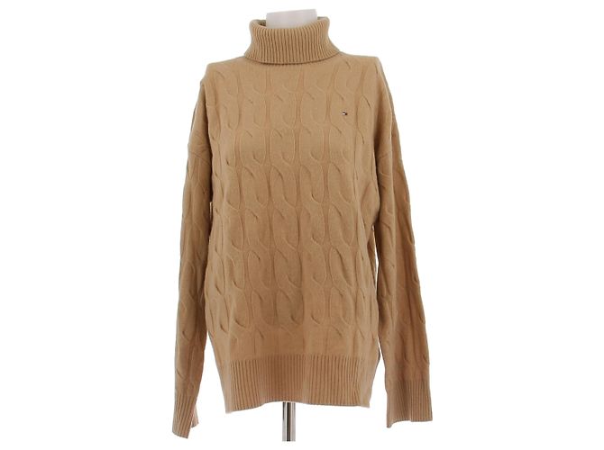 Tommy Hilfiger Pull col roulé en maille torsadée camel en laine Marron