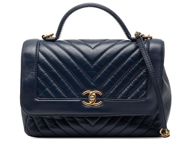 Chanel Blu CC Chevron Pelle di Vitello Invecchiata Borsa a Mano Blu navy