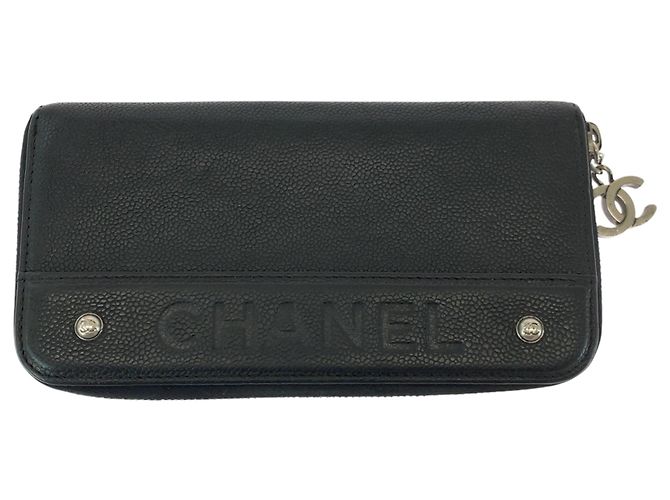 Cartera larga de piel de ternera granulada negra Chanel Negro