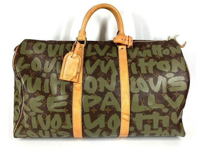 Borsa da viaggio Keepall 50 Monogram Graffiti Louis Vuitton Marrone Cachi