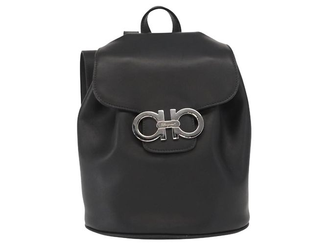 Salvatore Ferragamo Gancini Flap Drawstring Backpack Leather Mini Black