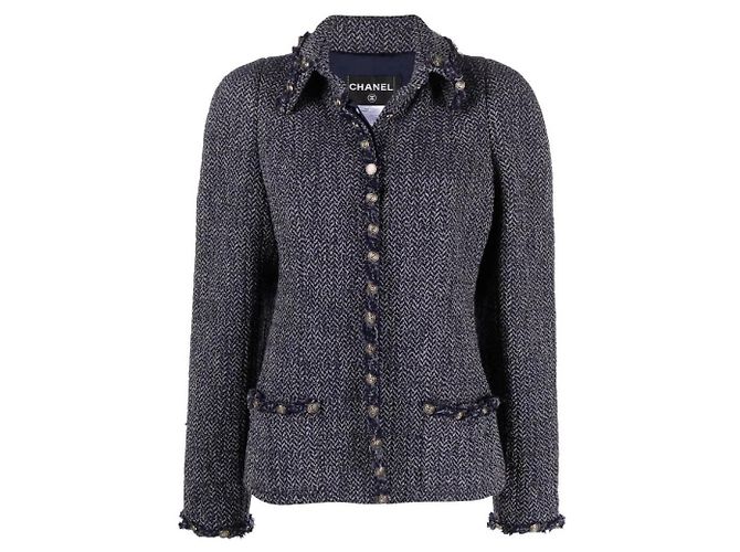 Chanel Blue Herringbone Wool Jacket - 2000s