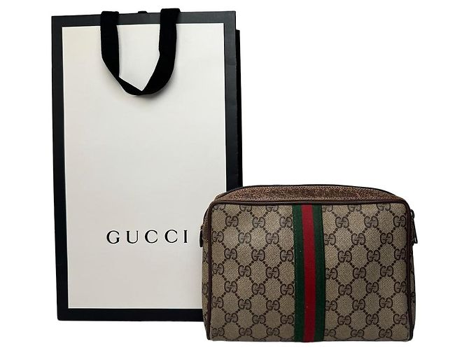 Vintage Gucci Ophidia Monogramm Leder Clutch Grau Braun