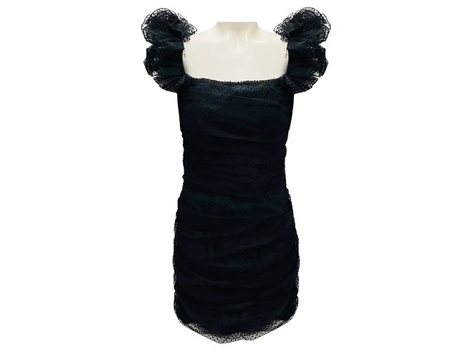 Schwarzes Rüschenshirt mit gepunktetem Mesh-Tüll Mini Cocktail Bustier Kleid von Alexandre Vauthier