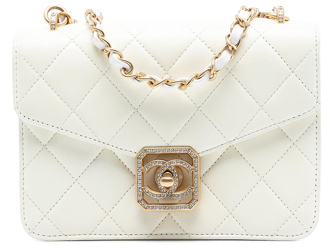 Chanel Blanco Acolchado de Cordero Cristal Geométrico CC Marco Flap Crudo