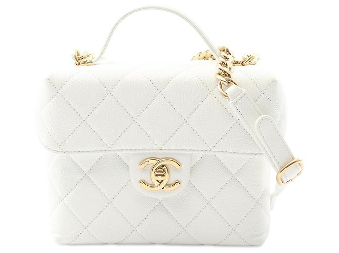 Vanity Estojo de vaidade em caviar branco acolchoado Chanel com corrente Cru