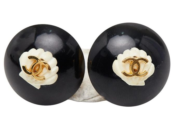 Orecchini vintage a clip Coco Mark Shell di Chanel Nero D'oro