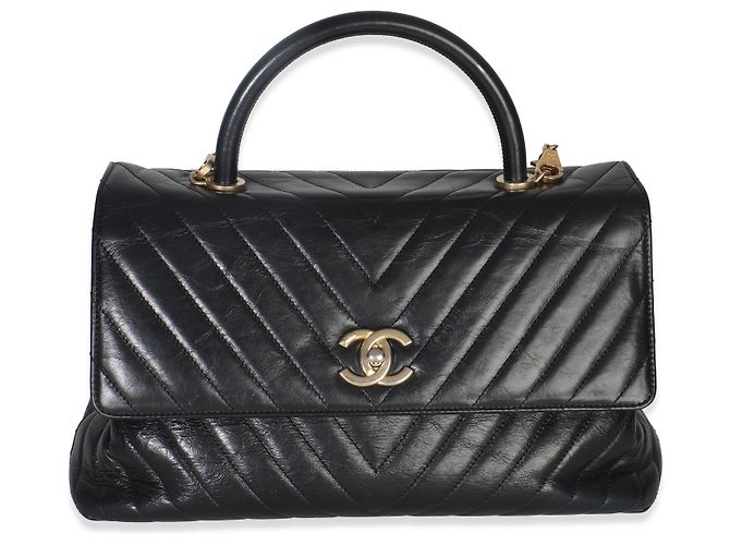 Borsa Coco grande in pelle di vitello invecchiata nera a zigzag di Chanel Nero