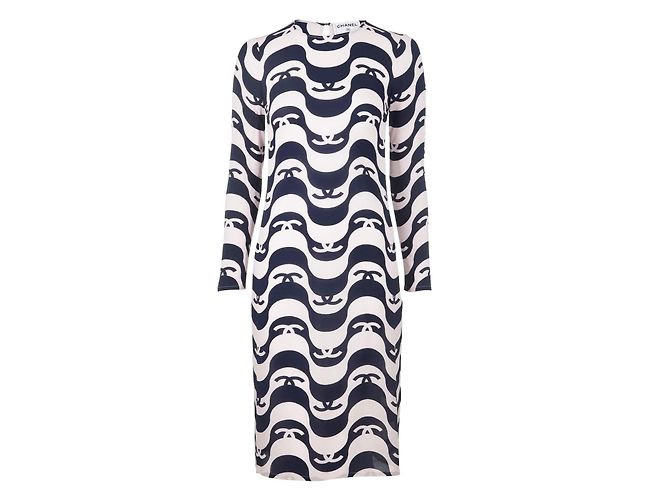 Vestido midi de seda CC Wave em marfim e preto Chanel 21P FR 42