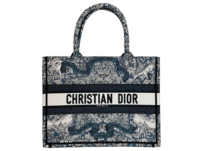 Christian Dior Book Tote Medium Ricamo Blu e Bianco Nero