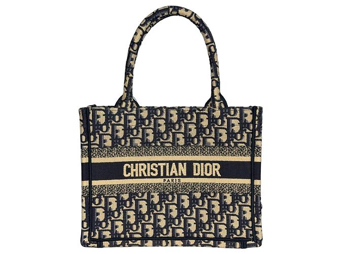 Christian Dior Book Tote Small Blanco Azul Algodón