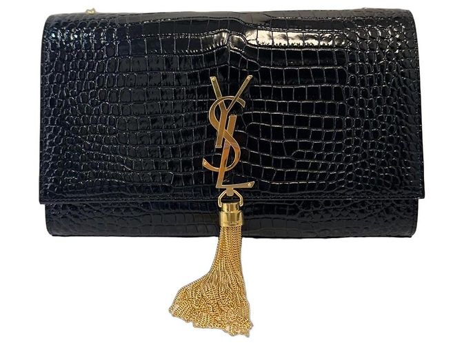 Yves Saint Laurent Kate Tassel Bolsa de couro com textura de crocodilo preta Preto 
