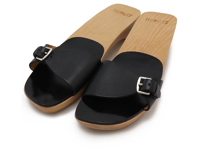 Mule in pelle e legno Hermès 37 Nero Grigio