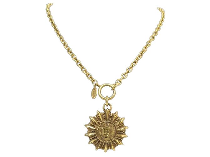 VINTAGE COLLIER CHANEL CHAINE MEDAILLON SOLEIL LOGO CC COCO MARK METAL NECKLACE Doré