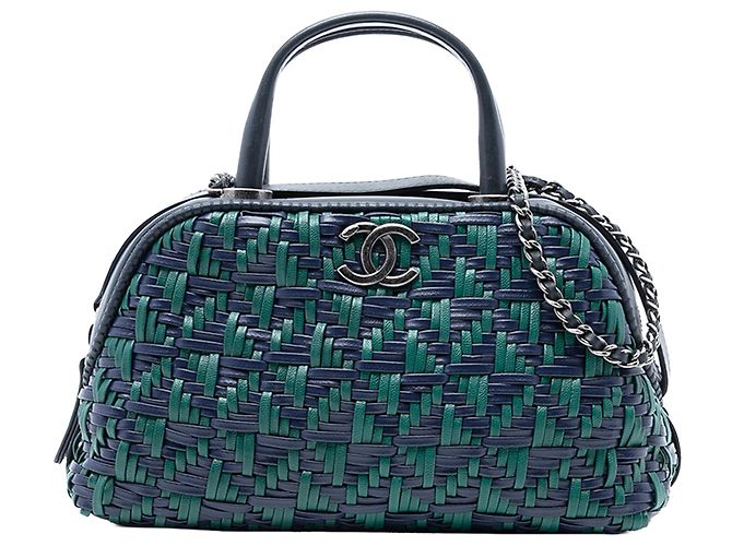 Chanel CC Woven Kalbsleder Bowlingtasche Blau