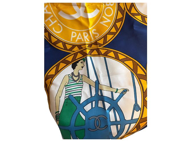 Sciarpa in seta Chanel Bianca Blu Gialla Bianco Giallo