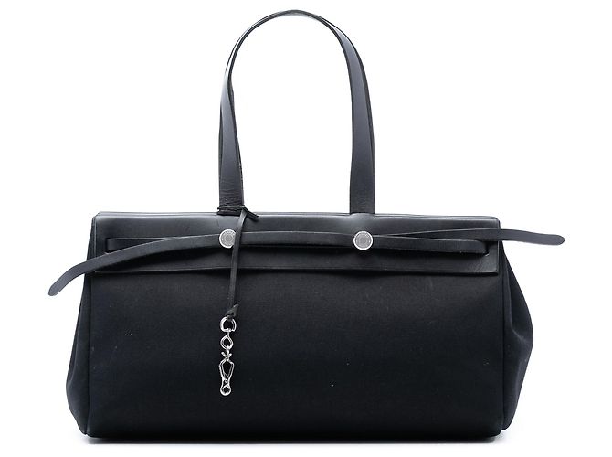 Herbag Cabas MM em lona preta e couro Vache Hunter da Hermès Preto