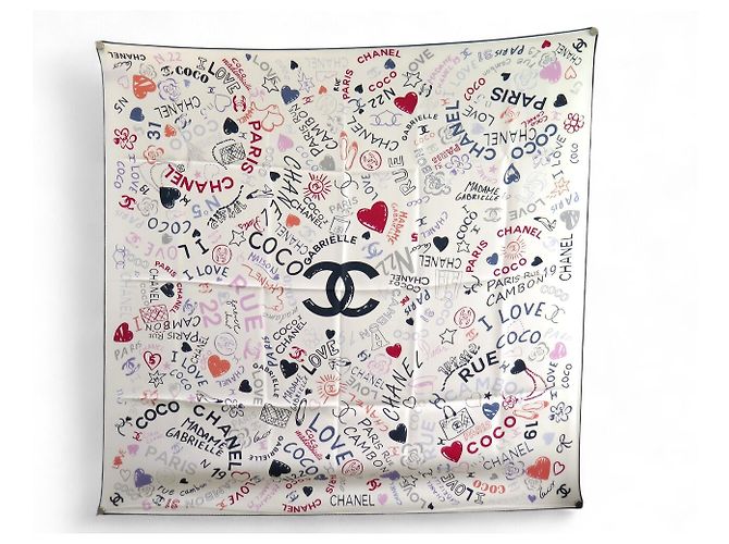 NUEVO BUFANDA CHANEL LOVE COCO LOGO CC CAMELIA 90 TWILL DE SEDA Multicolor