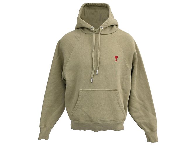 AMI Paris Small A Heart Popover Hoodie in Green Cotton Olive green