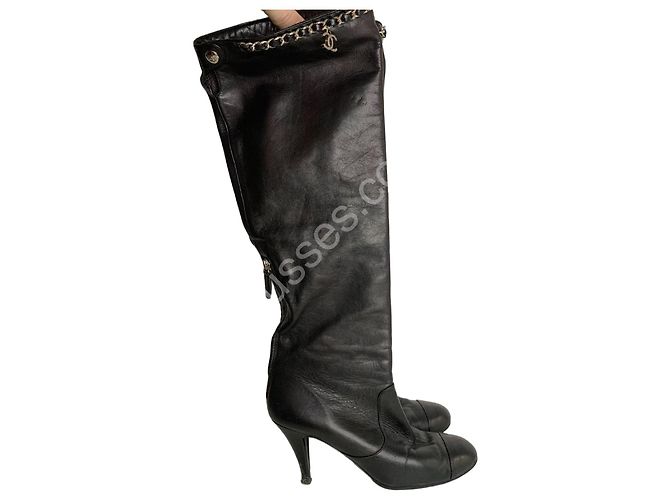 Chanel Boots Black with Logo Chain Size 36