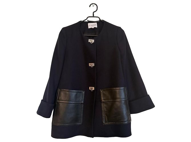 Claudie Pierlot Navy Blue Wool Jacket with Leather Pockets Dark blue