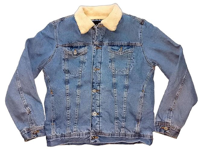 Zara Giacca di jeans trucker standard tipo 3 in denim blu foderata in sherpa