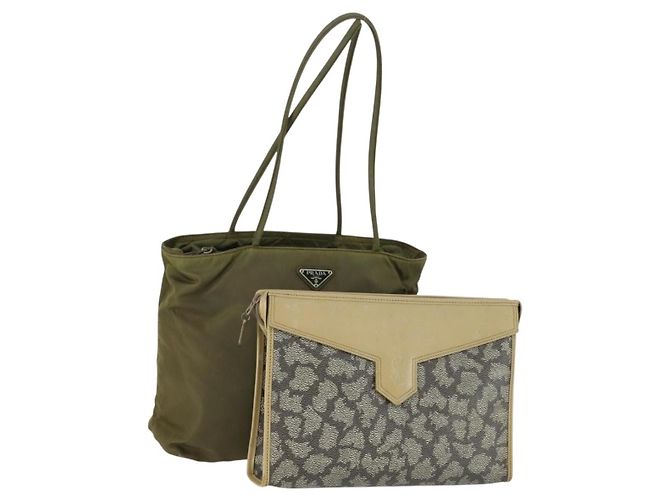 Bolsa SAINT LAURENT PRADA Nylon PVC 2 Conjunto Cinza Caqui Auth 162220 Marrom