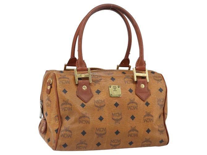 MCM Vicetos Logogram Bolsa de Mão em Couro PVC Marrom Dourado Auth bs32955