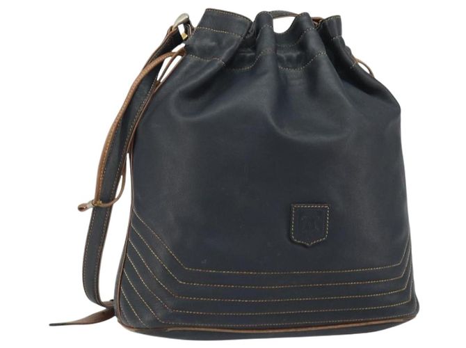 Céline CELINE Bolsa de Ombro de Couro Preta e Dourada Auth 169404 Preto Dourado