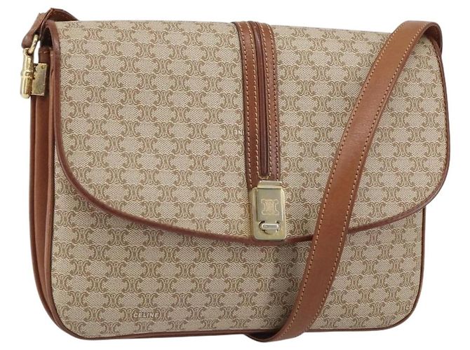 Céline Bolsa de Ombro em Lona Macadam CELINE PVC Bege Ouro Auth bs32974 Dourado