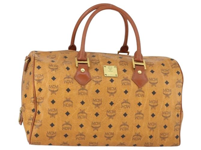 Bolsa Boston Vicetos Logogram MCM em couro PVC marrom e dourado Auth 164740