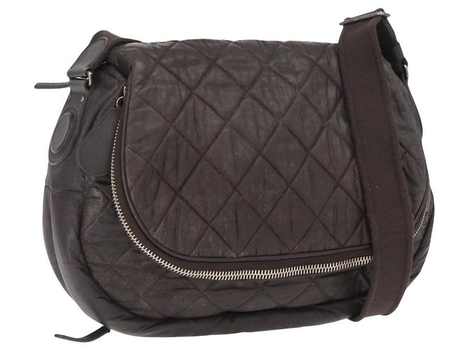 CHANEL Bolsa de Ombro Matelassé Nylon Marrom Prata CC Auth BA9723
