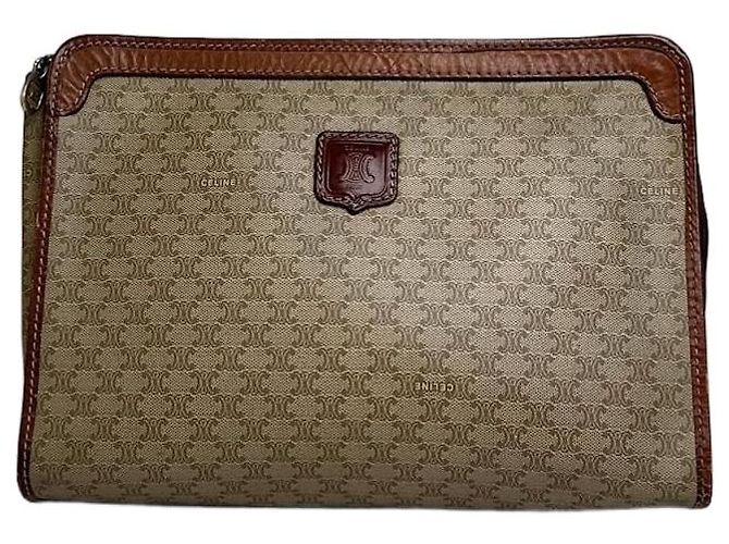 Céline Vintage Celine Paris Triomphe Monogram Leather Clutch Beige Brown