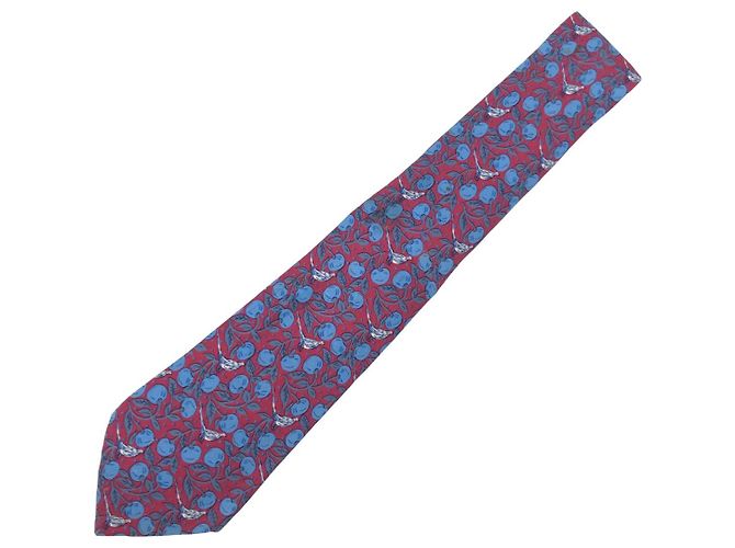 Cravatta in seta Hermès 7068TA Frutti e Uccelli Marrone Blu Bordò