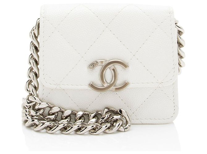 Gabrielle Chanel Caviar Leather Enamel Coco Clutch on Chain White