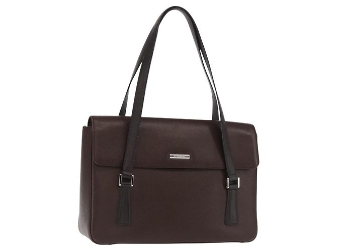 Burberry Bolsa de mão de couro marrom com detalhes em prata Auth BA9916