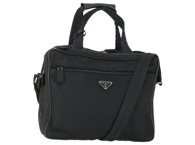 PRADA Hand Bag Nylon 2way Black Silver Auth 164859 Silvery