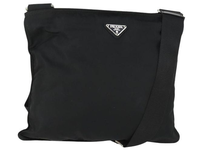 PRADA Schultertasche Nylon Schwarz Silber Authentisch 169103