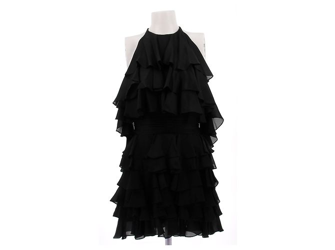 Balmain Schwarzes Seidenkleid mit Rüschen