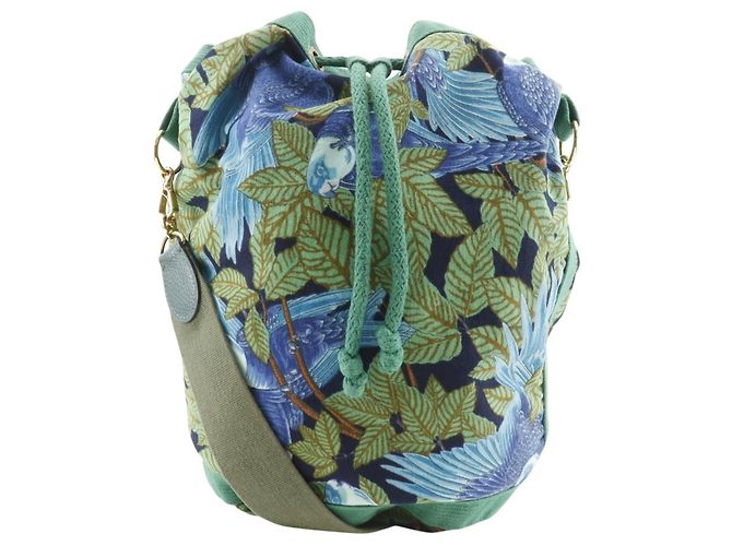 Hermès Schultertasche mit botanischem und Vogelprint Grün