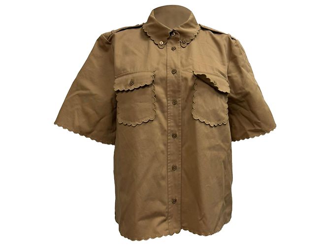 Tory Burch Scalloped Button-Down Shirt in Brown Cotton  Red