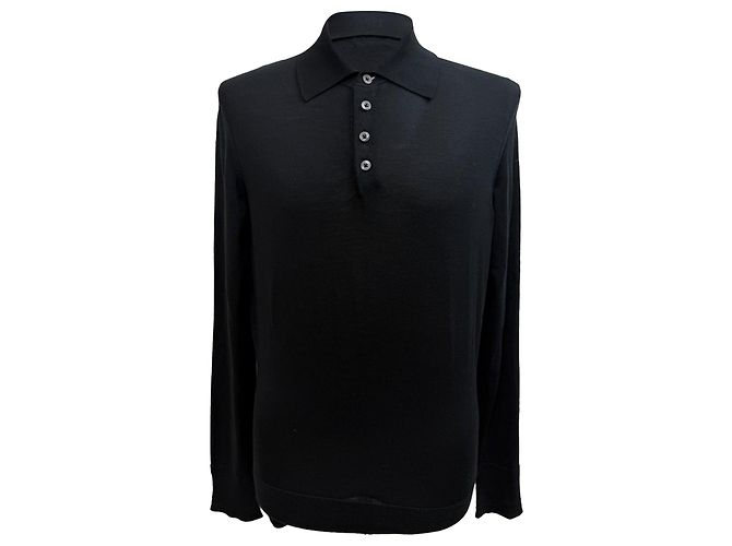 Tom Ford Strick-Polo-Pullover aus schwarzer Wolle mit langen Ärmeln