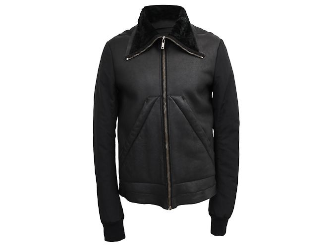 Schwarze Lederjacke mit Shearling-Futter von Rick Owens