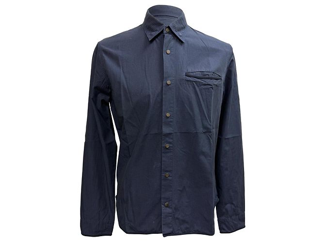 Jil Sander Gingham-Print Button-Down Long Sleeve Shirt in Navy Blue Cotton