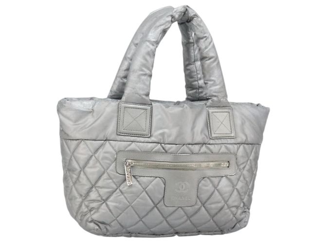 CHANEL Cococoon Tote Bag Coated Canvas Silver CC Auth bs33124 Silvery