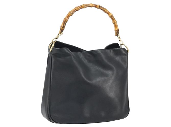Bolsa de mão em couro preto e dourado GUCCI Bamboo Auth bs33028
