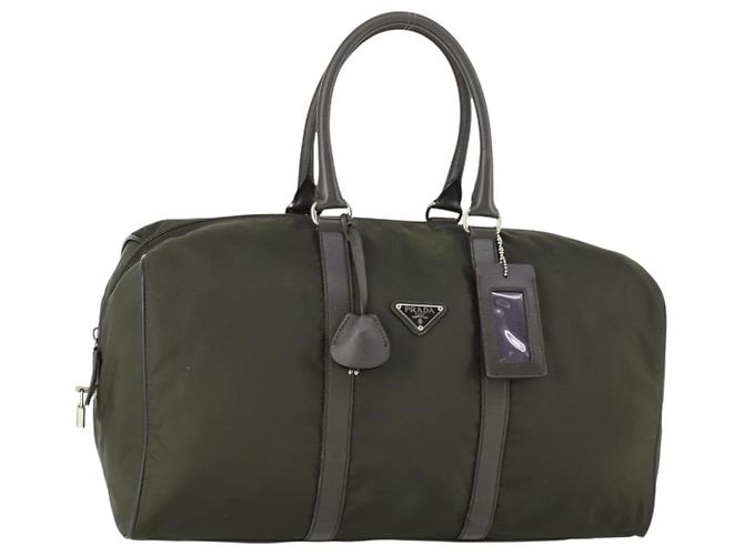 PRADA Boston Bag Nylon Khaki Silver Auth mr1945 Silvery