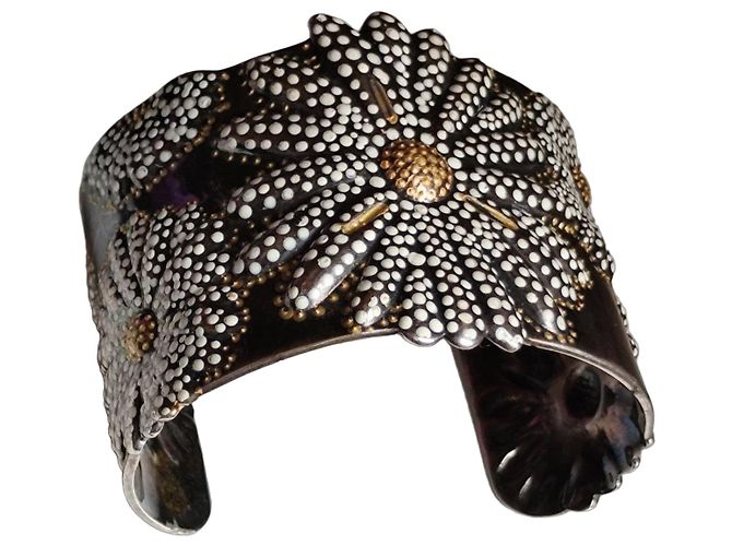 Pulseira de punho em prata esterlina e ouro 18k da Tiffany & Co. com flor Preto Branco Dourado Hardware prateado